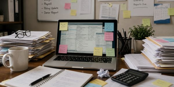 A cluttered office desk with papers, a laptop, and sticky notes.