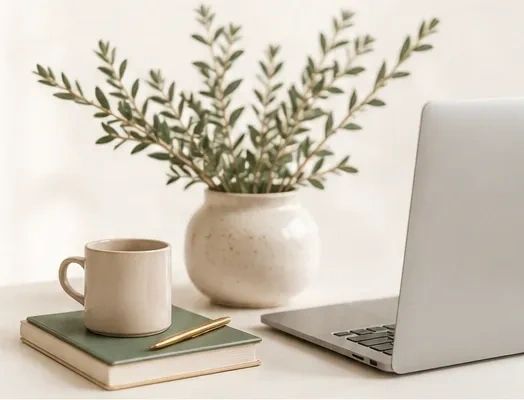 Cozy workspace with a laptop, coffee mug, books, and a potted plant.