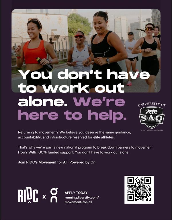 Group of women running together with a motivational message about support in fitness.