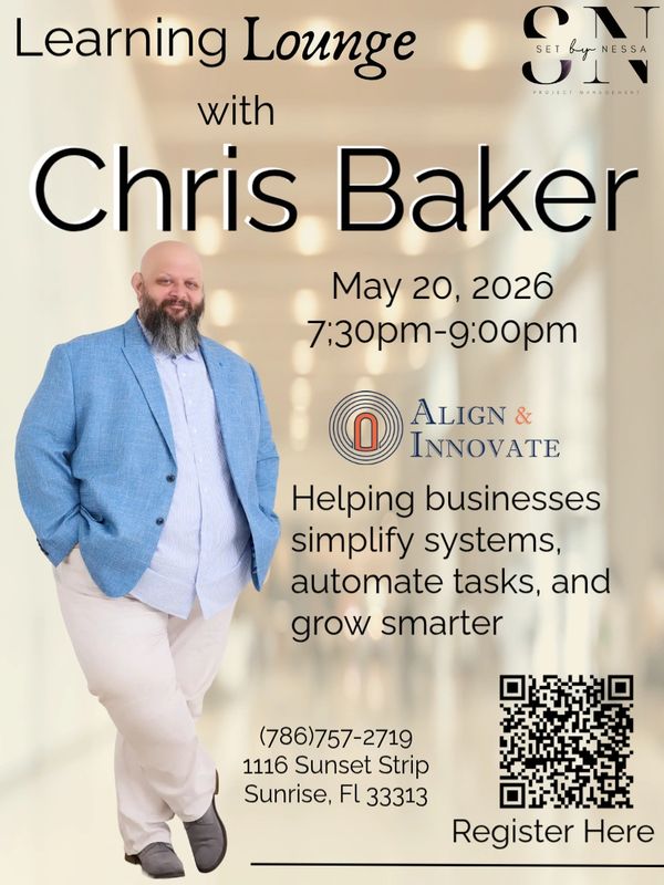 Event poster featuring Chris Baker for a business learning lounge on May 20, 2026.
