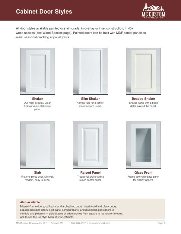 Different cabinet door styles with descriptions from MC Custom Construction.