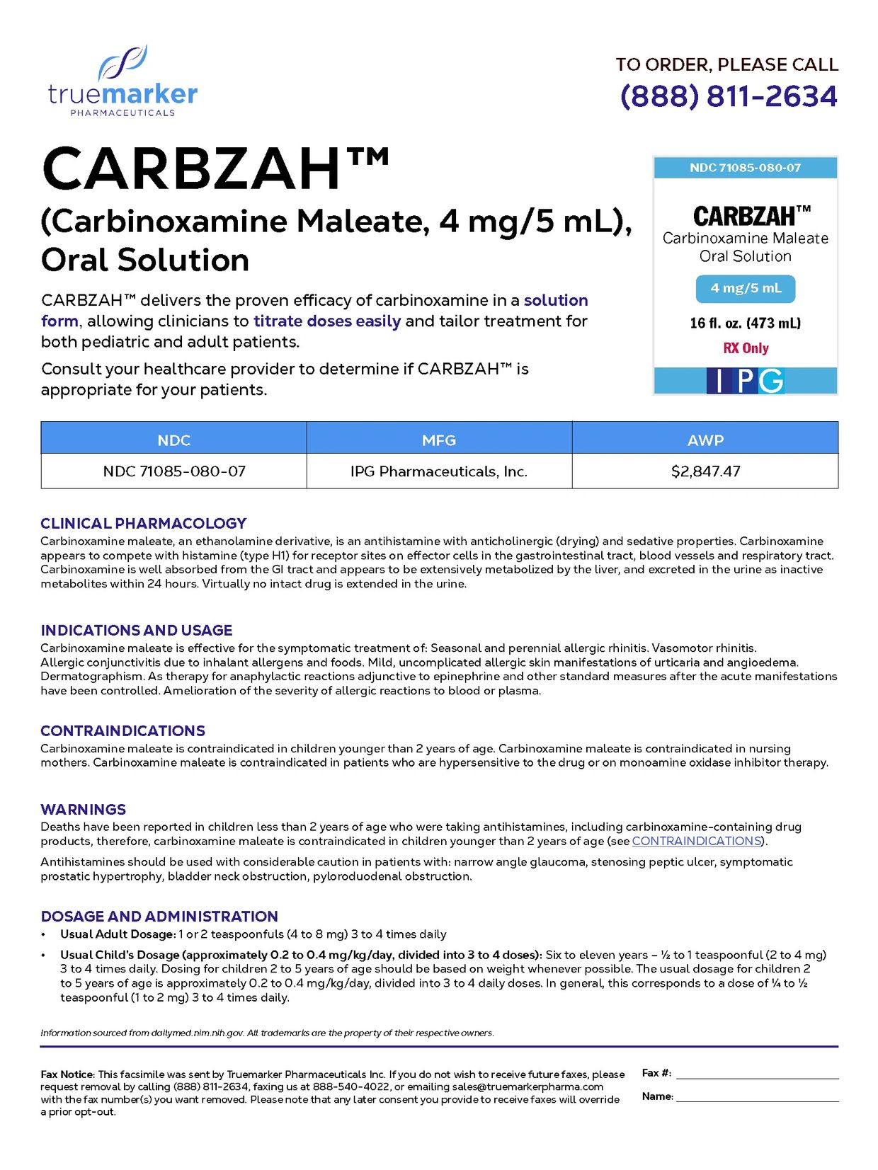 CARBZAH™ Oral Solution 4 mg/5 mL – product information, dosage, and ordering details.