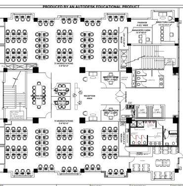 Office floor plan with workstations, meeting rooms, cabins, and cafeteria.