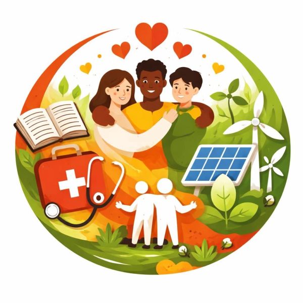 Three diverse friends embracing with symbols of health, education, and sustainability around them.