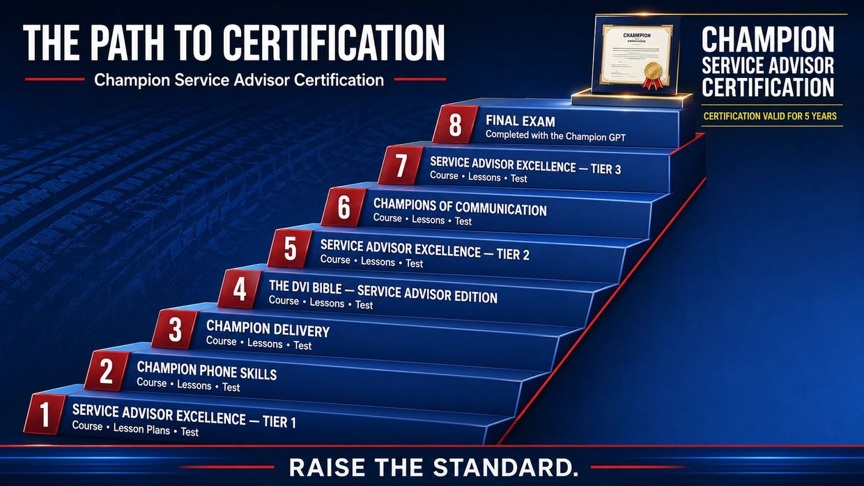 Steps for Champion Service Advisor Certification.