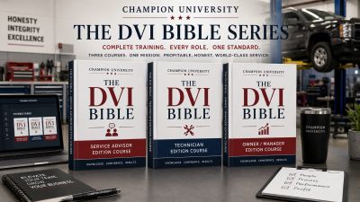Books from Champion University's DVI Bible Series on a table in a workshop.