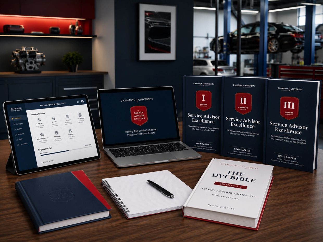 Service advisor training materials with books, laptop, and tablet on a desk.
