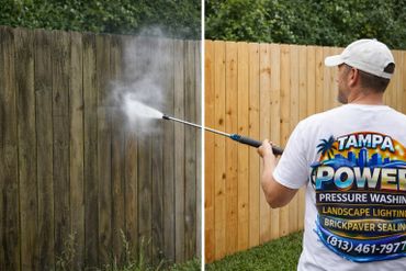 Man pressure washing a wooden fence, showing before and after cleaning.