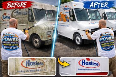 Man pressure washing a dirty delivery truck, showing dramatic before and after results.