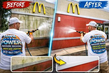 Before and after pressure washing a McDonald's exterior wall, showing a clean transformation.