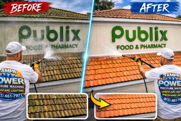 Side-by-side comparison of a roof before and after professional pressure washing.