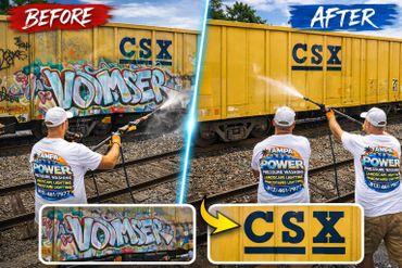 Before and after images of graffiti removal from a train car by pressure washing.