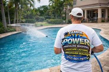 Man pressure washing near a pool wearing a Tampa Power shirt.