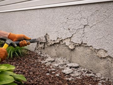 Person removing damaged stucco from house exterior with hammer and chisel.