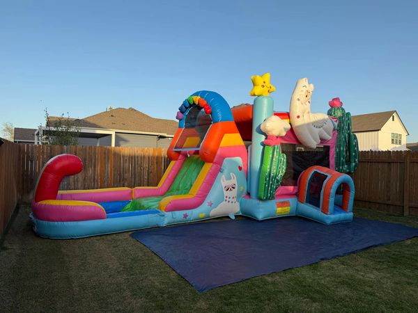 Colorful Llama themed bounce house and slide combo set up in an Austin, TX backyard