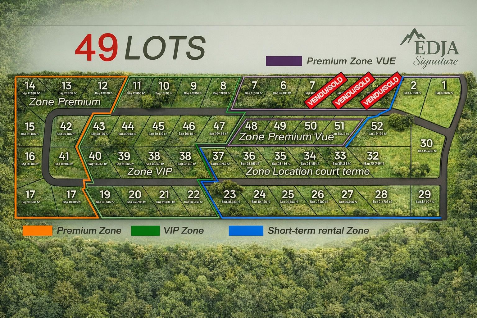 Map showing 49 lots divided into Premium, VIP, and Short-term rental zones.
