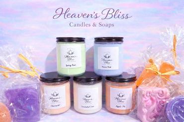 Heaven's Bliss candles and soaps in pastel colors with elegant packaging.