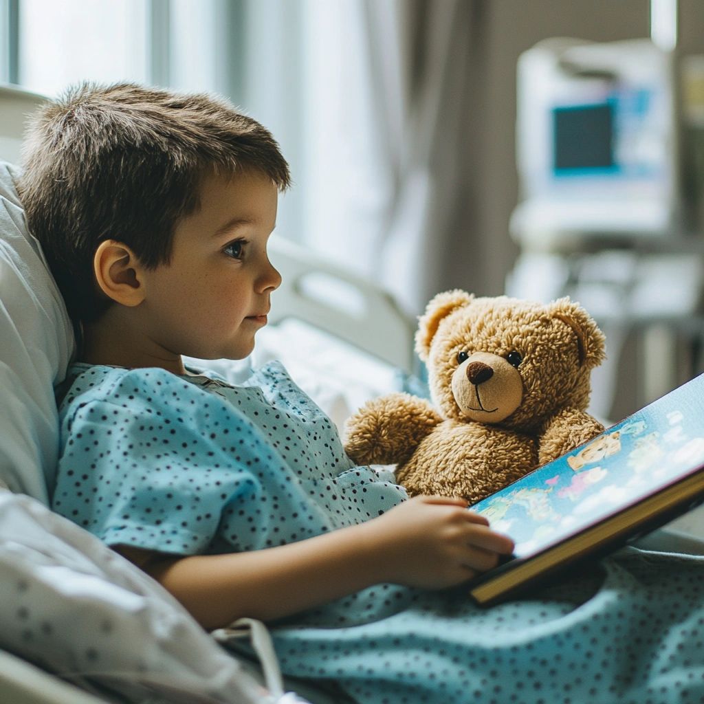 Child in hospital with his new book and magic bear