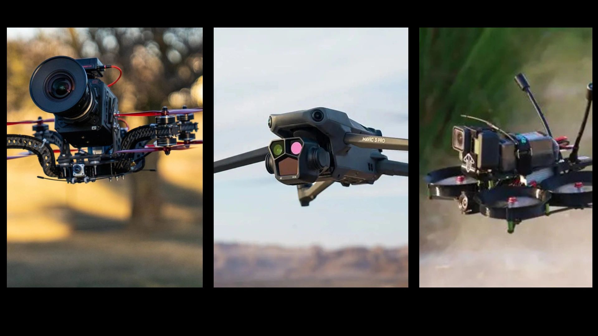 Three different drones with mounted cameras in flight against outdoor backgrounds.