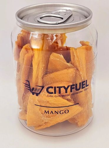 Clear can filled with dried mango slices labeled CITYFUEL.