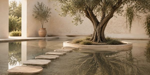 A serene courtyard with a tree on an island and stepping stones over water.