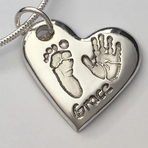 Hand and Footprint on Silver Heart pendant
