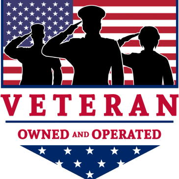 Veteran-owned and operated emblem with saluting soldiers and American flag.