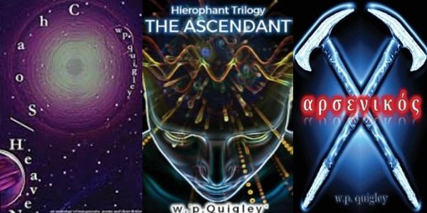 Three book covers by W.P. Quigley featuring cosmic and mystical themes.