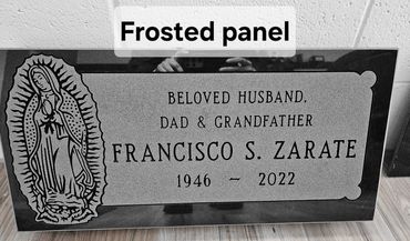 Memorial headstone for Francisco S. Zarate with a frosted panel and religious engraving.