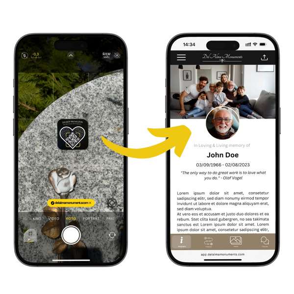 Scanning a QR code on a monument leads to an online memorial page for John Doe.