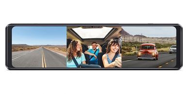 rear view dash camera mirror 12" records front & back allows to see traffic. saves on micro SD Card