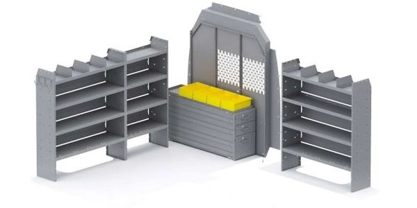 Holman Shelving Mercedes High Roof 144" WB Partition 52Wx60Hx14D Shelves Heavy Duty Drawer Shelves