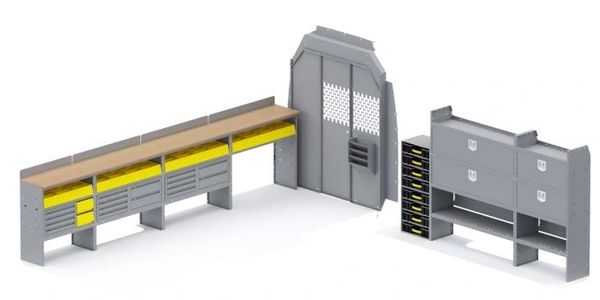 Holman Shelving Mercedes High Roof 170" WB Partition 52Wx60Hx14D Shelves Locksmith Package