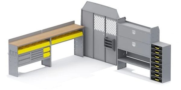 Holman Shelving Mercedes Standard low Roof 144" WB Partition 52Wx60Hx14D Shelves Locksmith package