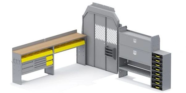 Holman Shelving Mercedes High Roof 144" WB Partition 52Wx60Hx14D Shelves Locksmith Shelves