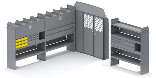 Holman Shelving Mercedes Standard low Roof 144" WB Partition 52Wx60Hx14D Shelves Quick Package MAX