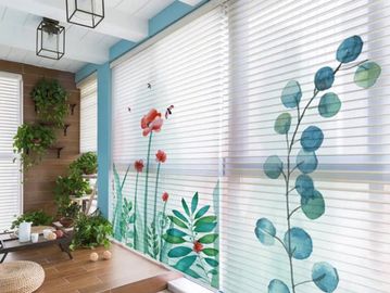 Cozy indoor space with floral blinds and lush greenery creating a serene ambiance.