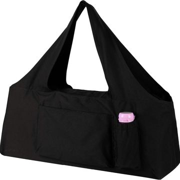 Black tote bag with external pocket and small pink item.