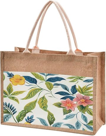 Reusable jute bag with floral design.
