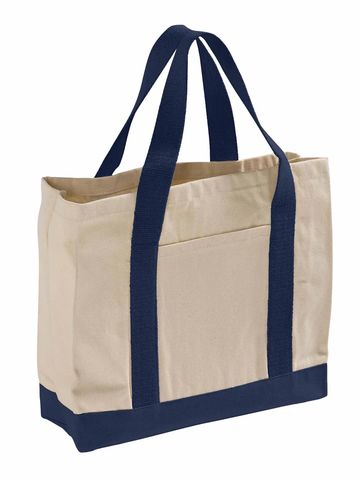 Canvas tote bag with blue handles and base.