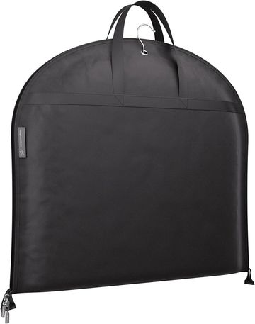 Black garment bag with handles and hanger.