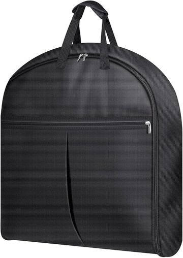 Black garment bag with handles and zippers.
