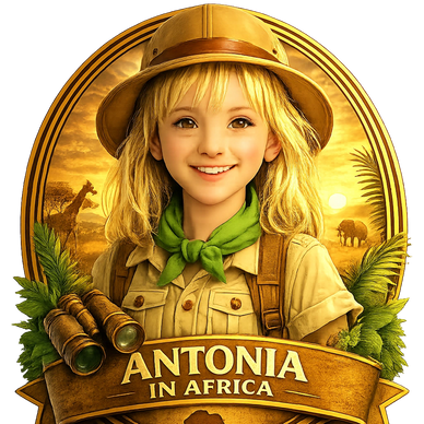 Young explorer Antonia in Africa with safari gear and binoculars.