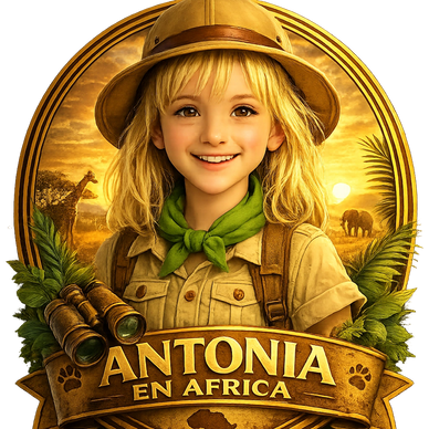 Young explorer Antonia in Africa with safari gear and wildlife backdrop.