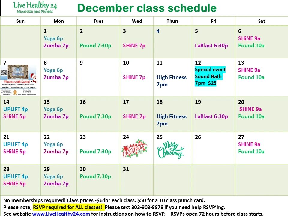 Group fitness schedule at Live Healthy 24 for December 2025