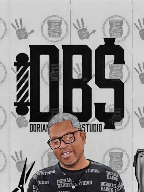 Logo of Doriano Barber Studio with a smiling man in front.