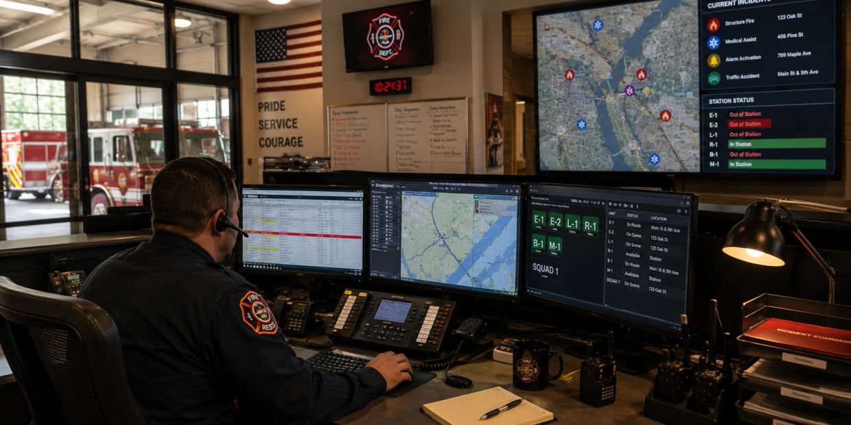Fire department operator monitors emergency dispatch screens.
