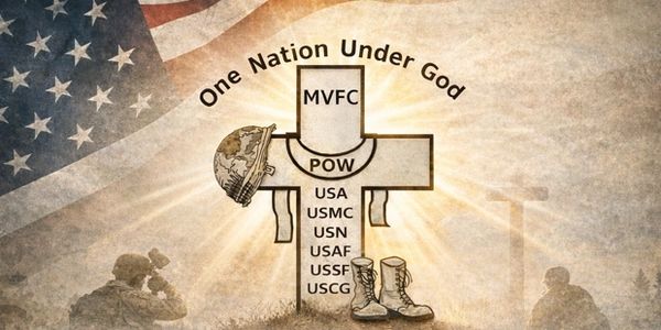Patriotic tribute to US military POWs with a cross, helmet, boots, and American flag.