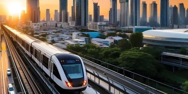 Modern city train traveling at sunset.