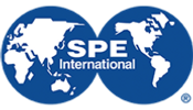 SPE International logo with world map in white on blue background.